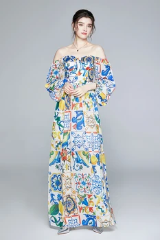 2020 jeseni mode seksi žensk vzletno-pristajalne Steze Cvetlični Dolgo Obleko Luč Rokav Off Ramenski Modre in bele porcelanaste tiskanje Split