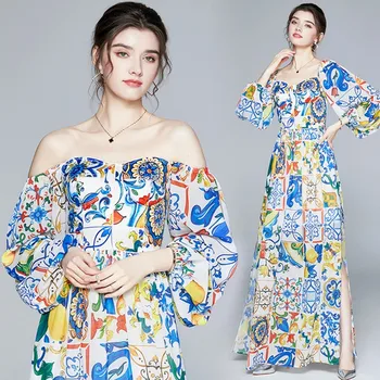 2020 jeseni mode seksi žensk vzletno-pristajalne Steze Cvetlični Dolgo Obleko Luč Rokav Off Ramenski Modre in bele porcelanaste tiskanje Split
