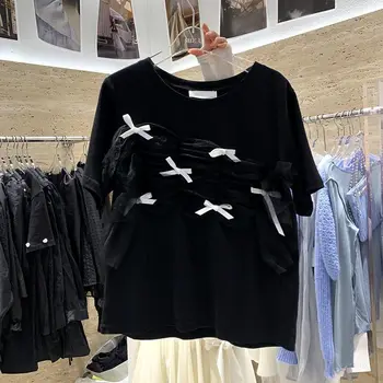 2021 Poletje Nov Prihod korejski Oblikovalec Ženska T-shirt Gaza Čipke Mozaik Lok O-vratu Kratkimi Rokavi Ženske Priložnostne Vrh