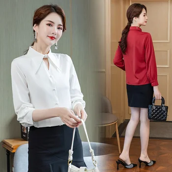 Bela Rdeča Pomlad Poletje Bluzo Ženske 2021 Moda Korejskem Slogu Dolg Rokav Vrh Mujer Elegantno V Vratu Gumb Gor Saten Svila Majice