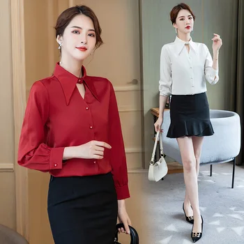Bela Rdeča Pomlad Poletje Bluzo Ženske 2021 Moda Korejskem Slogu Dolg Rokav Vrh Mujer Elegantno V Vratu Gumb Gor Saten Svila Majice