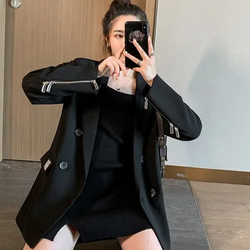 Elegantni Črni Ženski Blazer 2021 Spomladi In Jeseni Hlačnice Zadrgo Design Korejskem Slogu Britanski Stil Osebno Priložnostne Obleko, Jakno