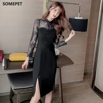 Fashion Lace Ženske enodelno obleko korejski Nove Seksi Cheongsam Vintage Obleke Črna
