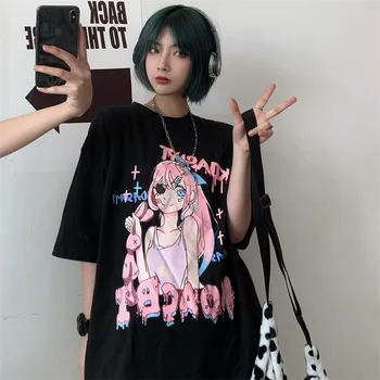 Gothic Punk T-shirt Risanka Dekle O-Vratu Harajuku Tshirts Luštna Punca Anime Natisnjeni T-shirt Kratek Rokav Za Ženske Poletje 2021