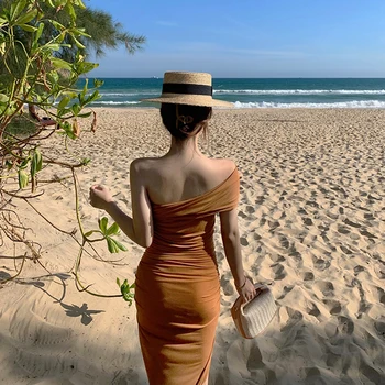 VGH Kaki Beach Slog Oblačenja Za Ženske Poševnica Vratu brez Rokavov Eno Ramo Visoko Pasu Strani Split Seksi Obleke Ženska Oblačila 2021